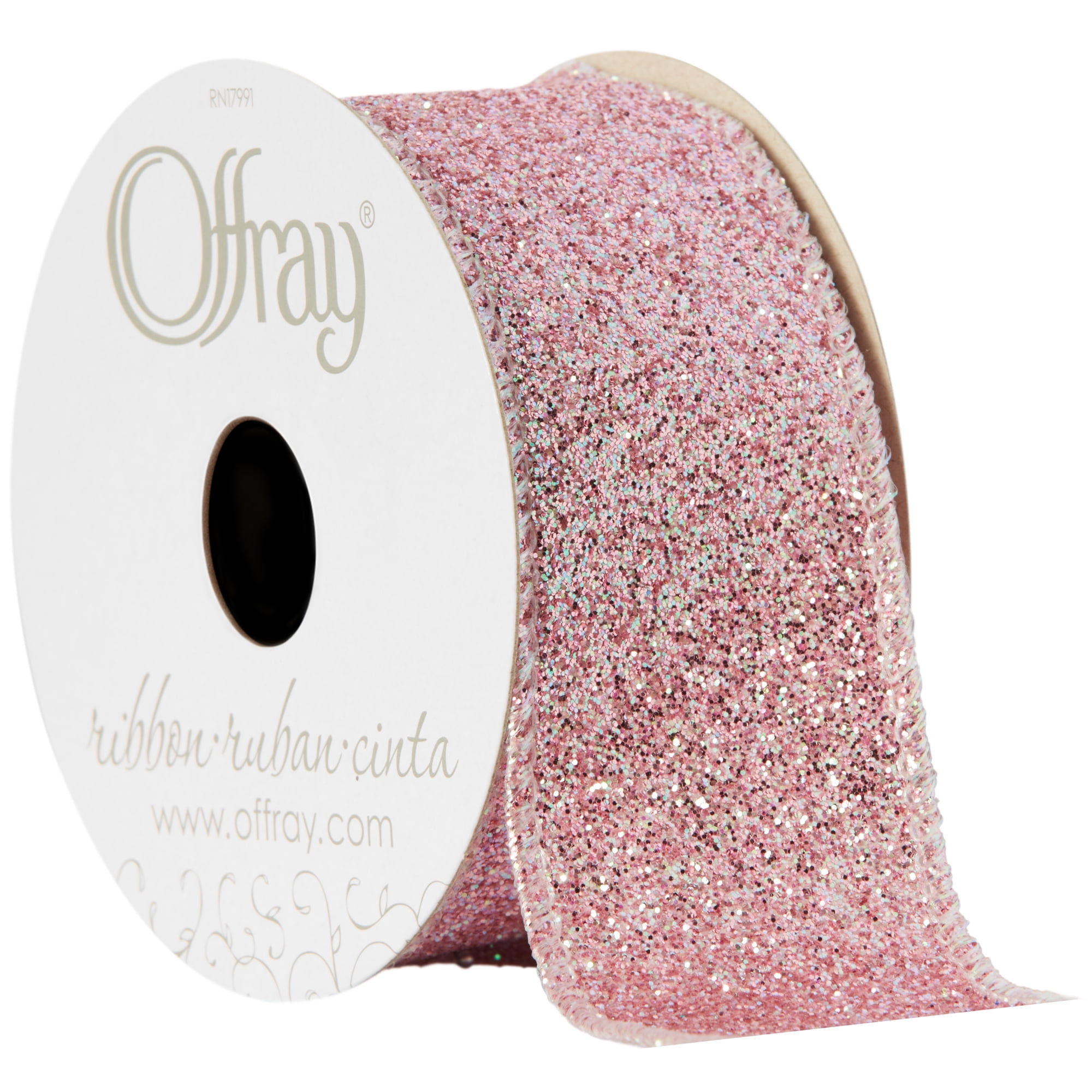Offray Ribbon, Powder Pink 1 1/2 inch Wired Edge Metallic Ribbon, 9 feet