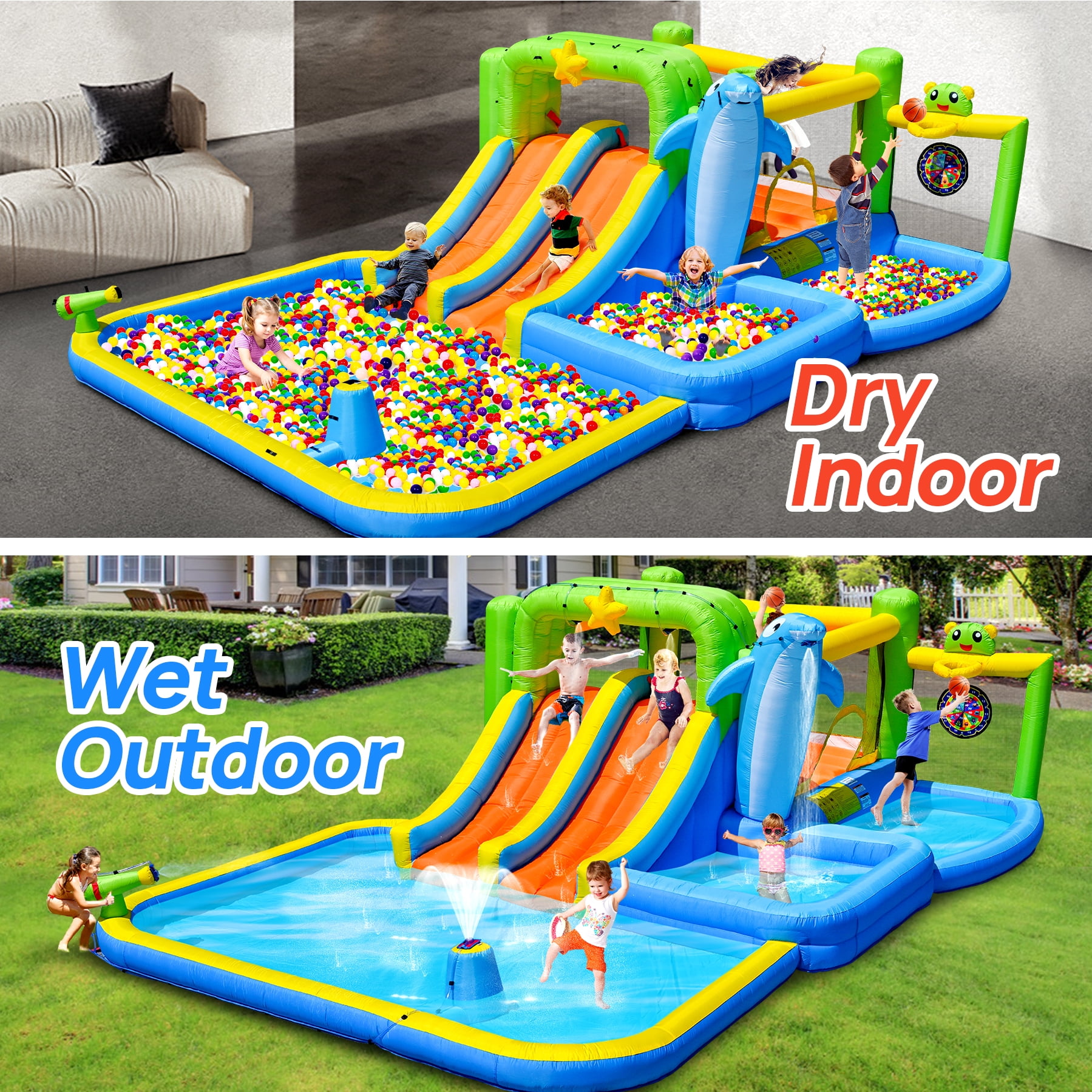 Mintazer 9-In-1 Inflatable Bounce House with Blower, 2 Slides Play Castle with Shower Soak Pool, Sprinkler Fountain, Climbing Wall & Water Gun for Kids