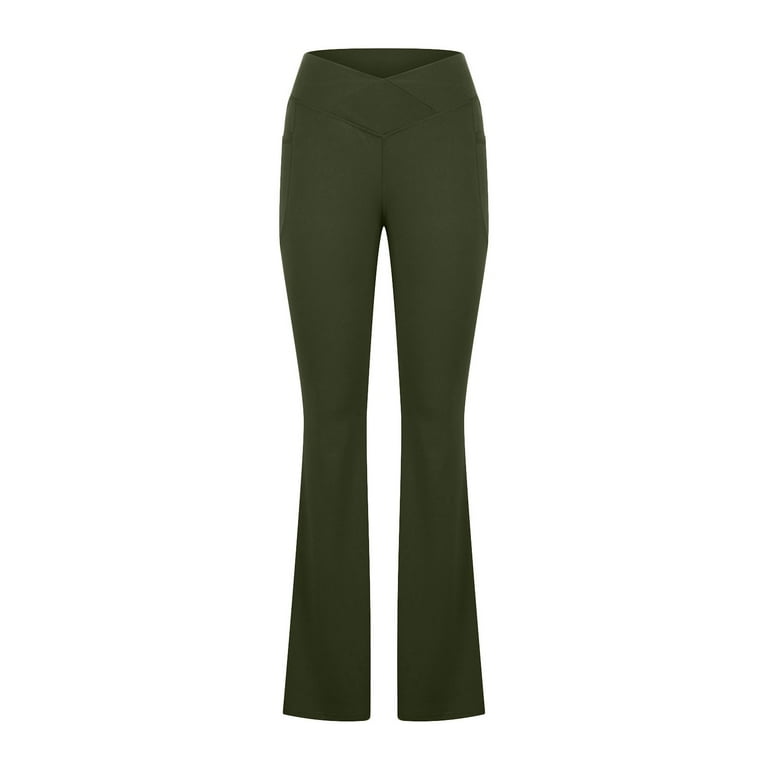Scyoekwg Women's Yoga Pants Flare Leggings High Waist V Cross Stretchy Bell  Bottoms Pants Sports Workout Yoga Pants with Pockets Army Green XL