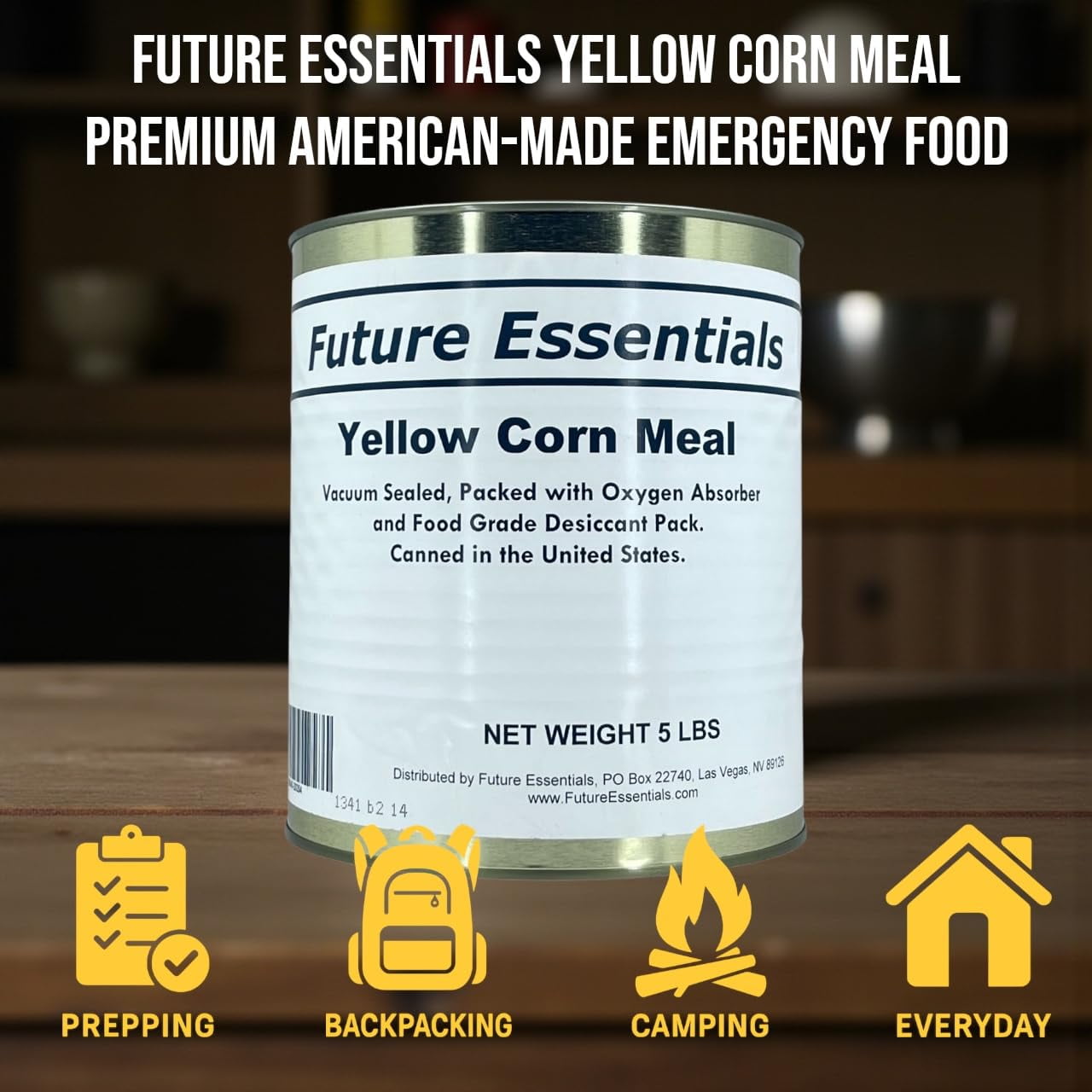 (6-Pack) Future Essentials Yellow Corn Meal, 5 lb #10 Can – Fine Ground Cornmeal, 30-Year Shelf Life, Emergency Food Storage, Non-GMO, Made in USA