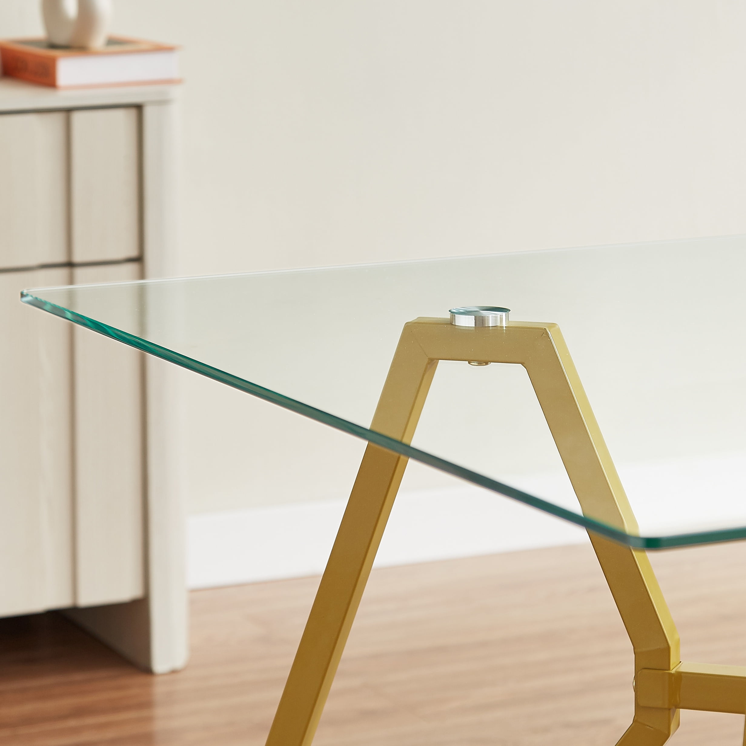 35" Square Dining Table for 4, Tempered Glass Kitchen Table, Paproos Dining Room Table, Dinner Table with Metal Legs for Kitchen, Dining Living Room, Transparent & Gold(Only Table)