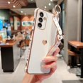 thumbnail image 3 of Compatible with Samsung Galaxy A14 5g Aesthetic Cute Heart Wrist Strap Kickstand Phone Case Luxury Plating Side Heart Pattern Cover Soft Silicone Shockproof Stand Holder Bumper (White), 3 of 12