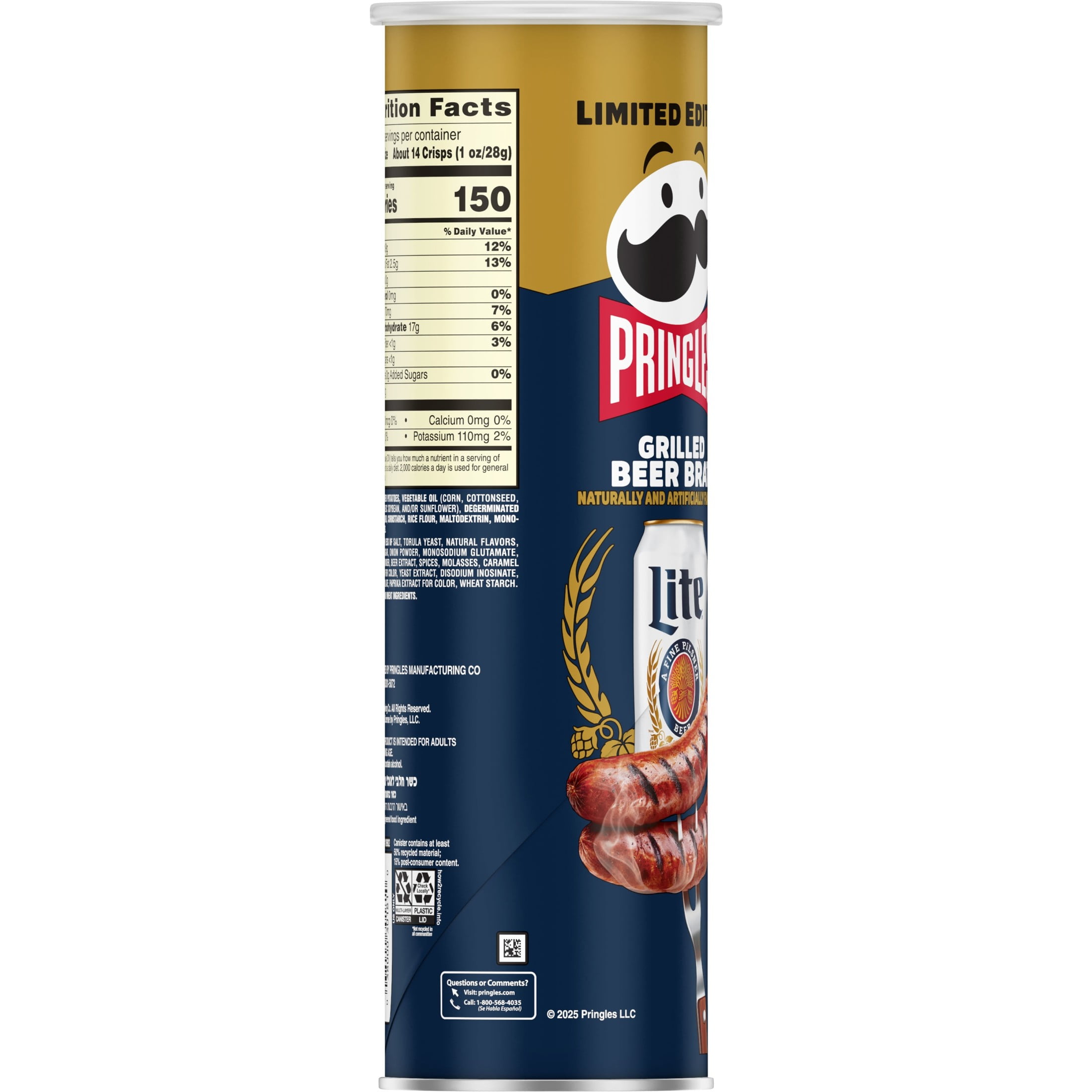 Pringles Miller Lite Grilled Beer Brat Potato Crisps Chips, Lunch Snacks, 5.5 oz Canister