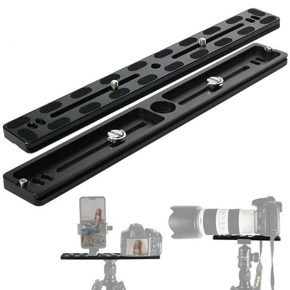 300mm Aluminum Tripod Quick Release Plate Screw Adapter Mount for DSLR Cameras – Dual Camera Support, 1/4" & 3/8" Thread, Arca-Swiss Compatible, Black Alloy