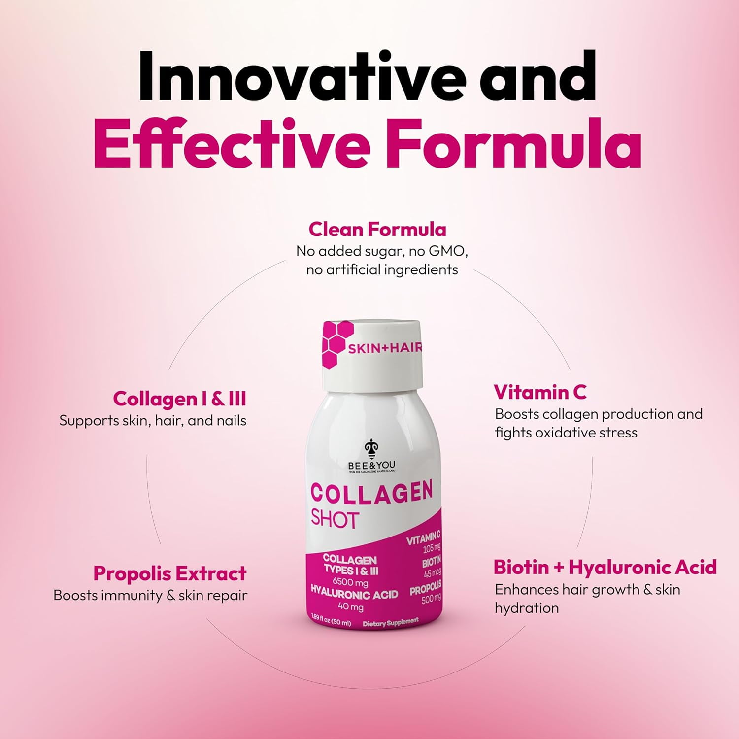 BEE and YOU Collagen Liquid Shot Drink with Vitamin C, Hyaluronic Acid, Biotin - Promotes Skin, Hair, Nail and Joint Health, 1.69 fl. Oz x 12 Bottles