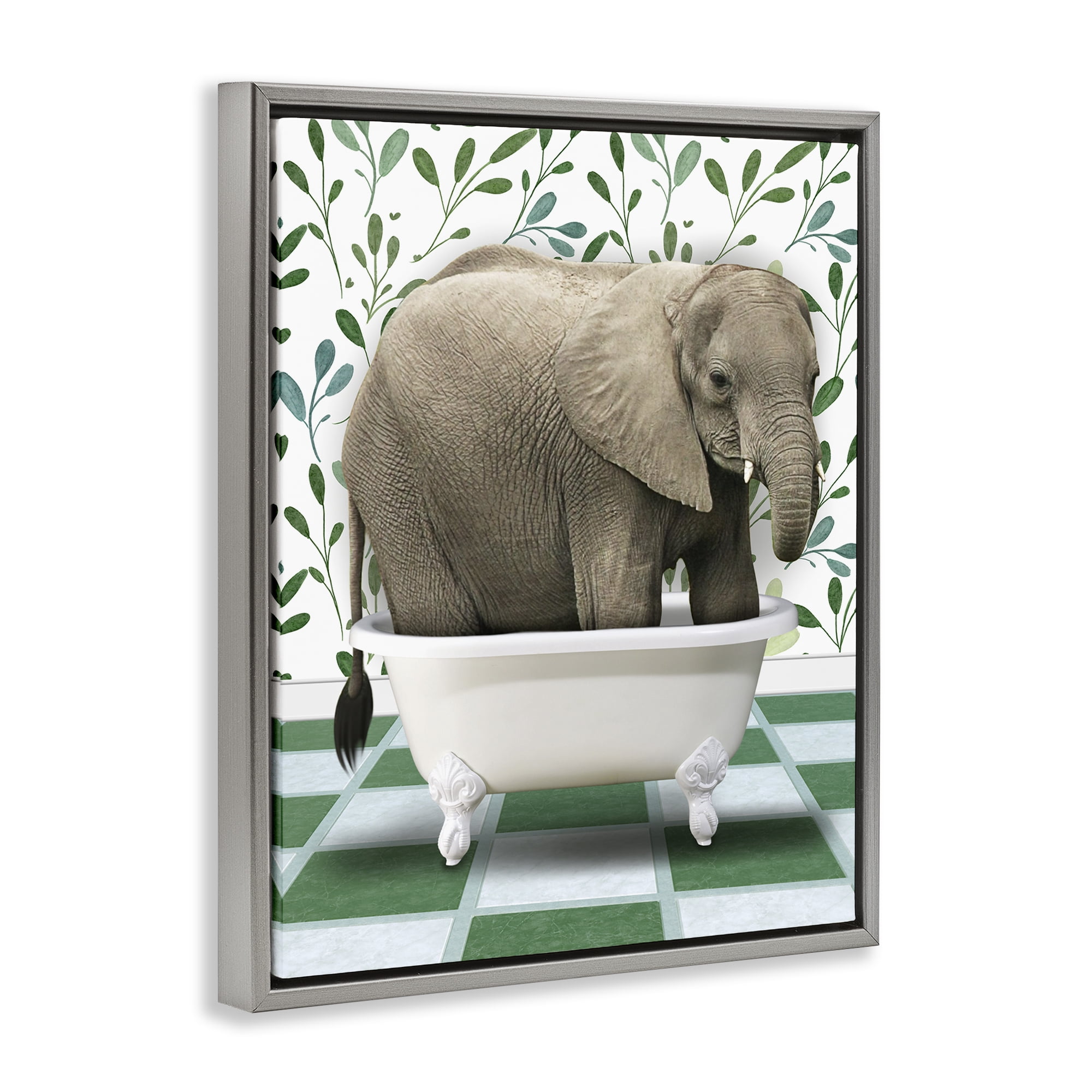 Stupell Industries Bathing Elephant on Green Bath & Laundry Painting Gray Floater Framed Canvas Art Print Wall Art, 25 x 31
