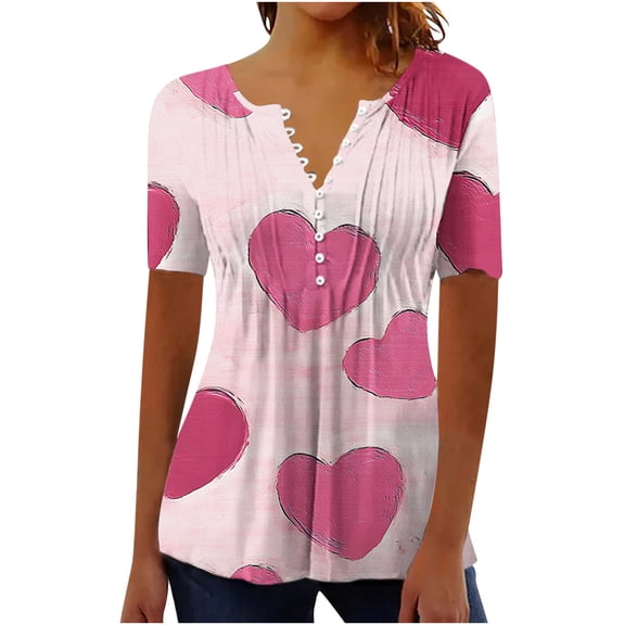 asdoklhq Women's Heart Print Valentine's Day Tees Women's Valentine's Day Printed Short Sleeved with V-neck Button Pleats Multicolor 3X