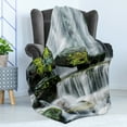 thumbnail image 4 of Waterfall Soft Flannel Fleece Throw Blanket, Majestic River Blocked Massive Rocks Moss on Them Photo, Cozy Plush for Indoor and Outdoor Use, 50" x 60", Green Black and White, by Ambesonne, 4 of 5