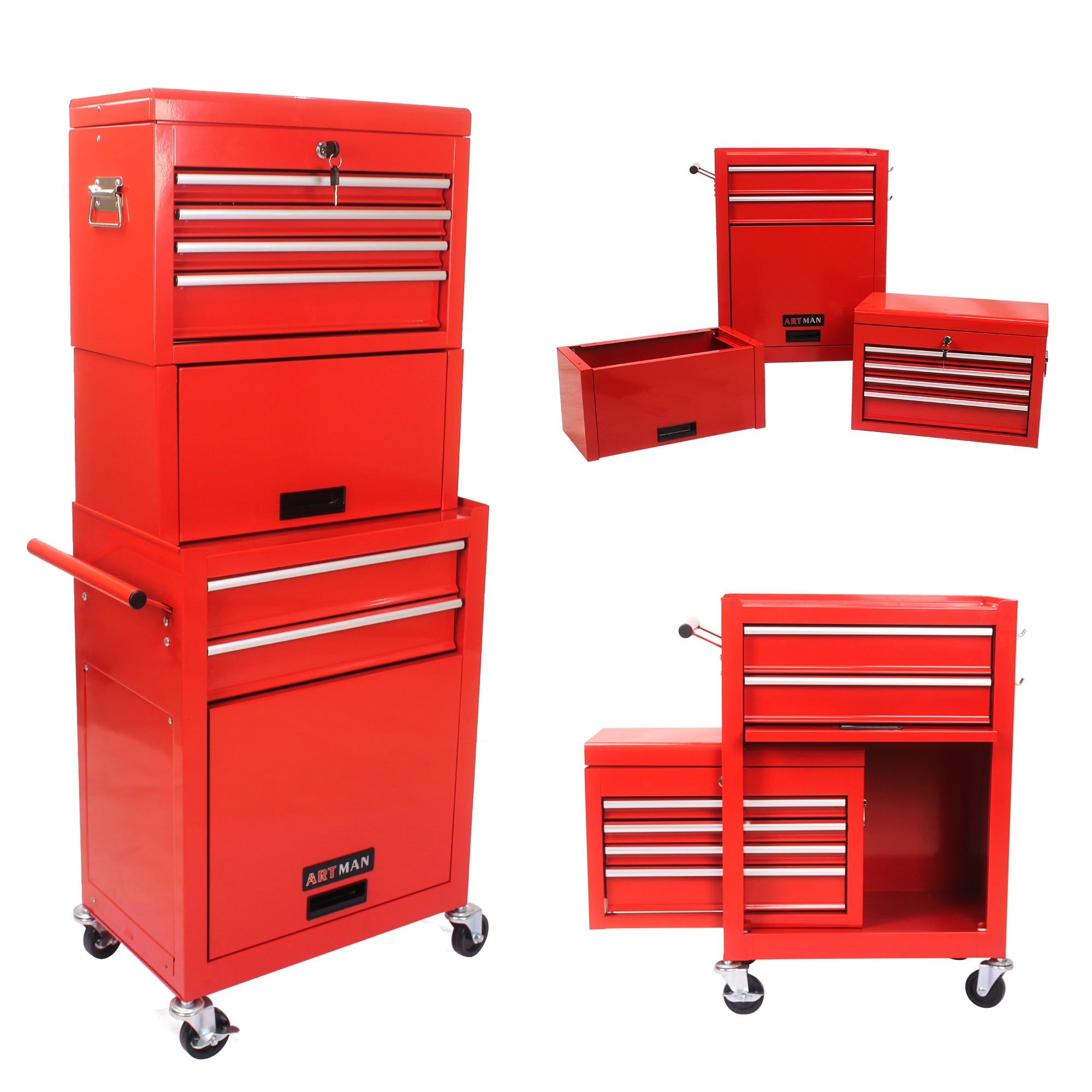 2-IN-1 Rolling Tool Chest Storage Box, Large Stainless Steel Tool Box Set  Double Hidden, Detachable Tool Storage On Wheels W/Sliding Drawers for