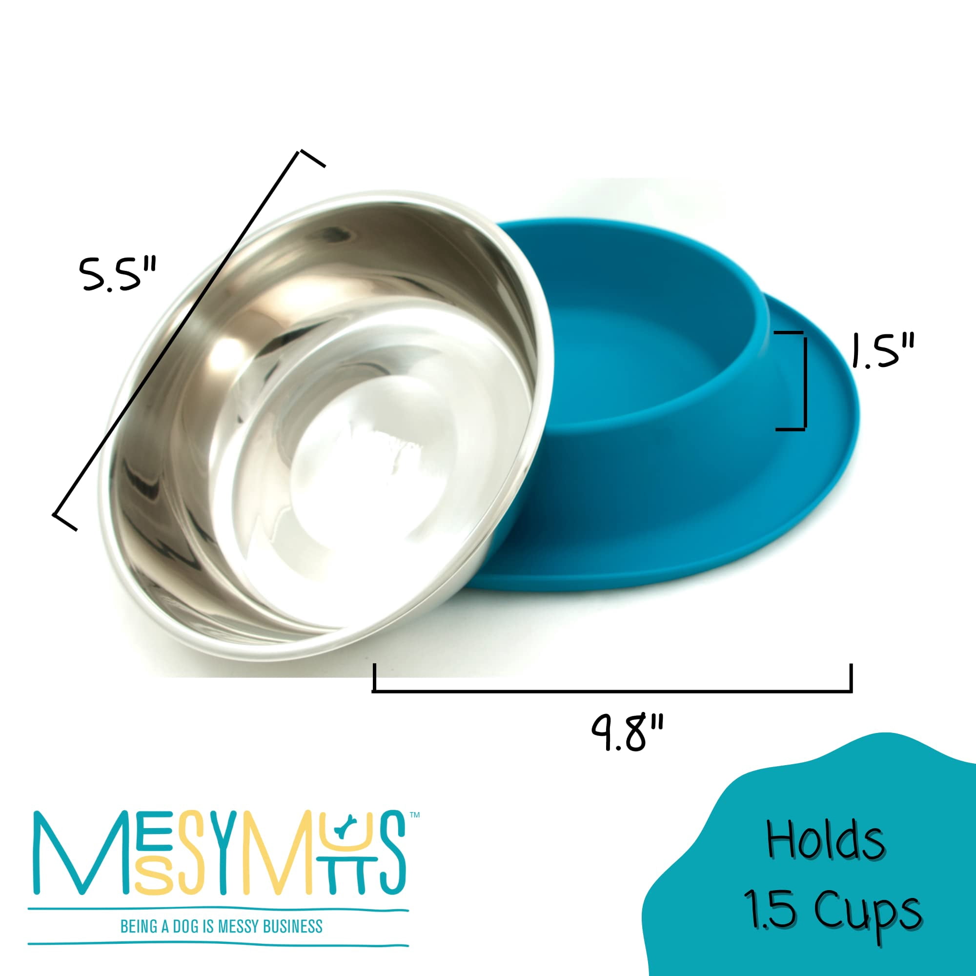 Messy Mutts Single Silicone Feeder with Stainless Bowl | Non-Skid Food Dishes for Dogs | Sizes Available for All Pets | Dog Food Bowls | Medium, 1.5 Cups | Blue