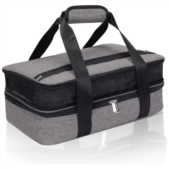 Insulated Casserole Carrier for Hot or Cold Food, Food Warmer Bag Fits 9"x13" Baking Dish, Durable Nylon Leak Proof Food Containers for Travel, Potluck, Parties, Picnic, Cookouts (Grey)