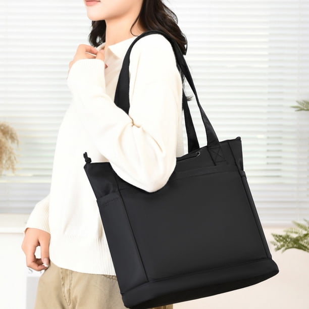 Bolsa de mano de nailon con correa ajustable para el hombro, gran capacidad casual para ir de compras, viajar al trabajo o negocios, color negro, 33x30x15 cm