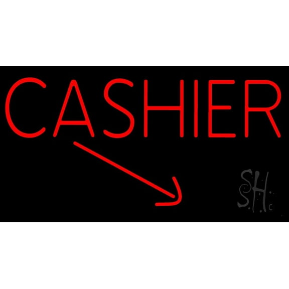 Red Cashier With Arrow LED Neon Sign 13 x 24 - inches, Clear Edge Cut Acrylic Backing, with Dimmer - Bright and Premium built indoor LED Neon Sign for Bar decor.