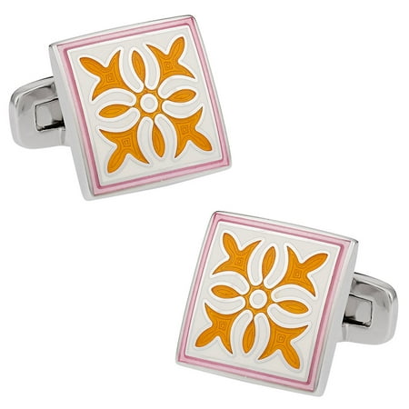 Pink Enamel Cufflinks - Pink Yellow Enamel Cufflinks by Cuff-Daddy