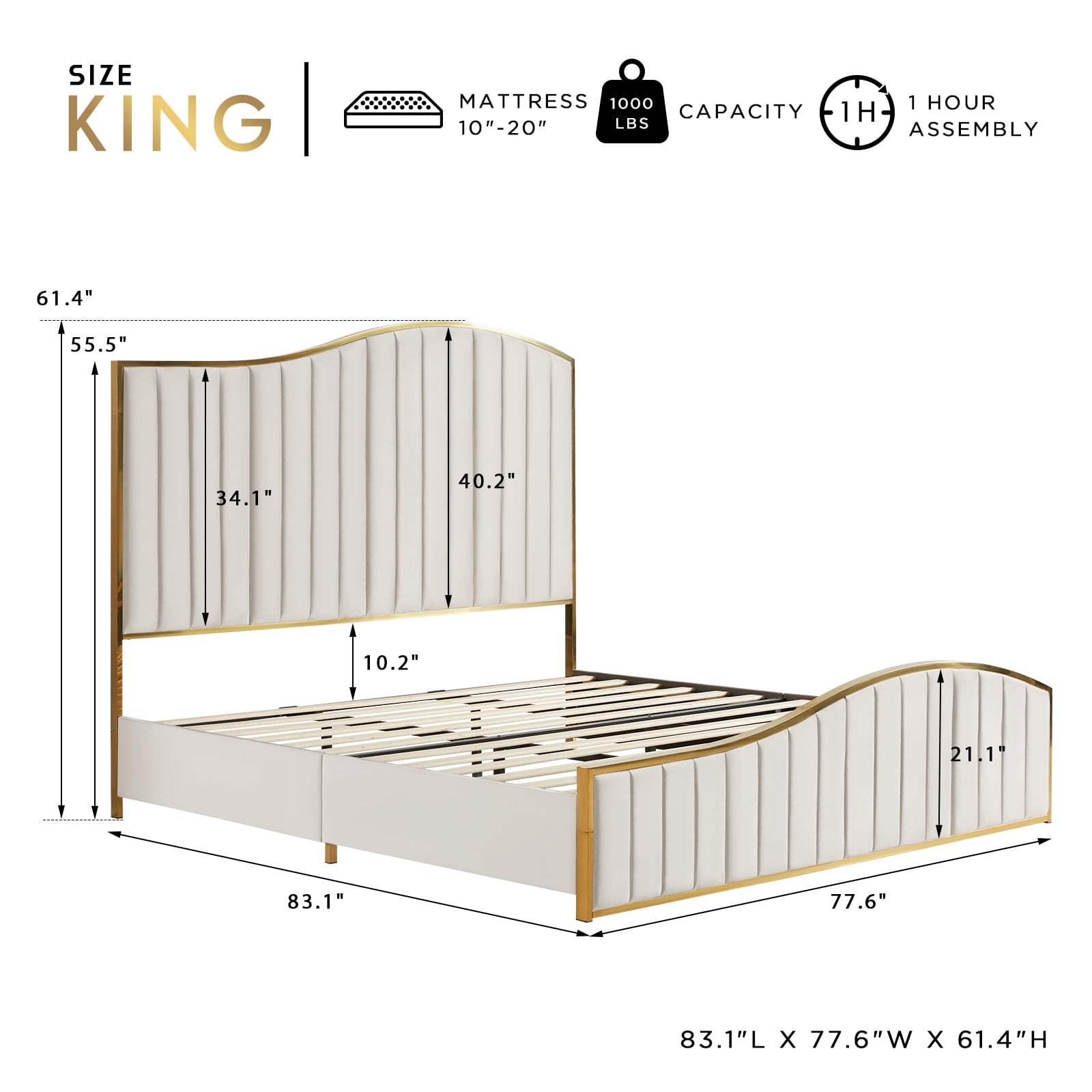 VanAcc King Size Platform Bed Frame 61.4" Vertical Channel Gold Trim Headboard & Footboard Cream