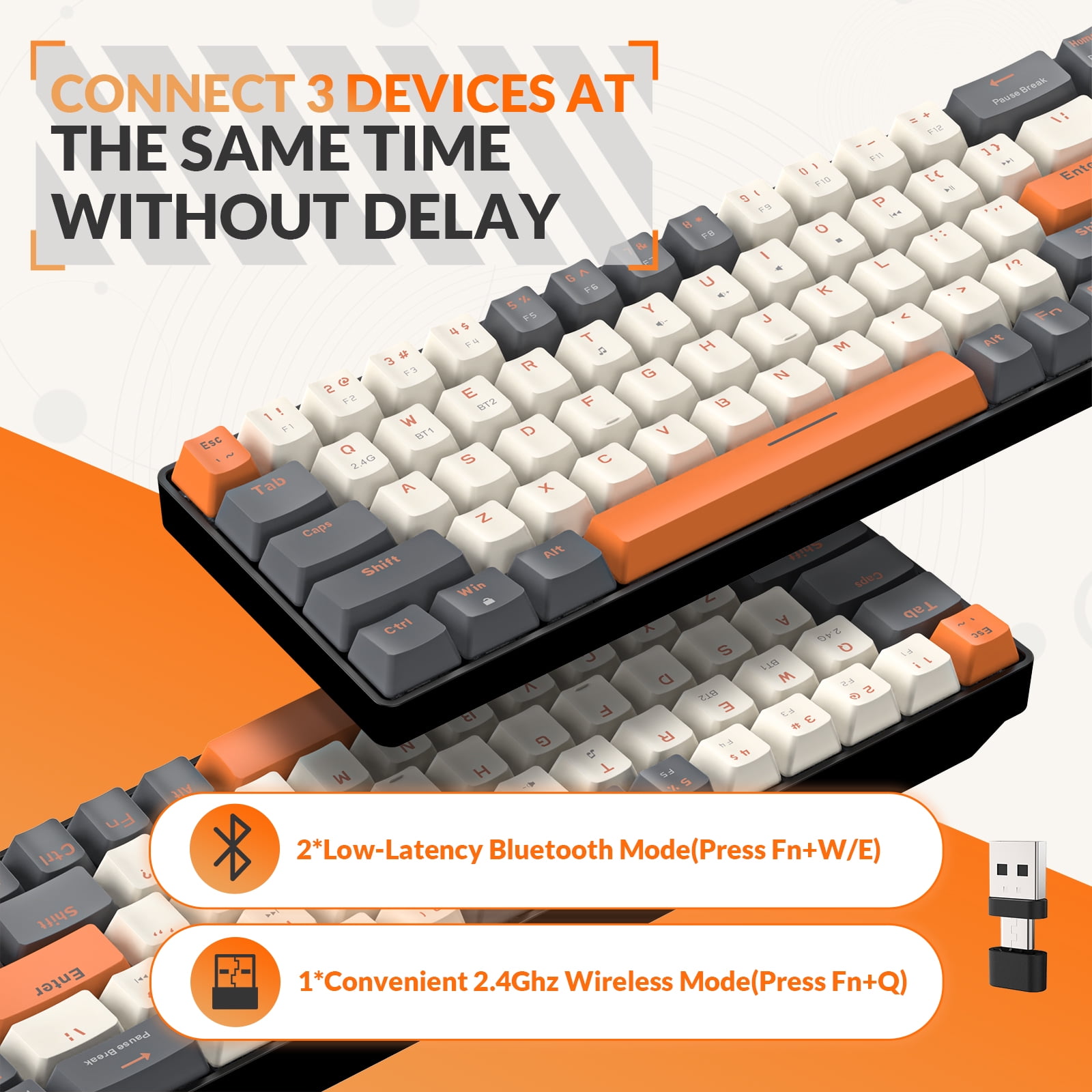 K68 60% Wireless Mechanical Keyboard, Bluetooth 5.0/2.4GHz 68 Keys Hot Swappable Red Switch for PC