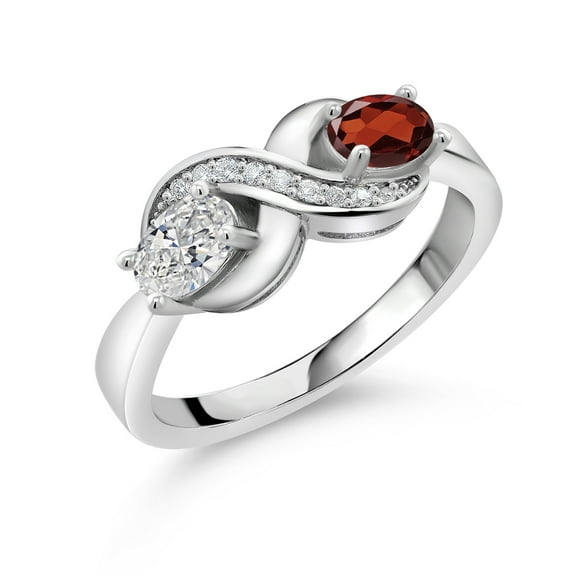 Gem Stone King 925 Sterling Silver Lab Grown Diamond and Red Garnet and White Created Sapphire Infinity Promise Ring for Women | 1.06 Cttw | Oval 6X4MM | Gemstone April Birthstone | Size 5
