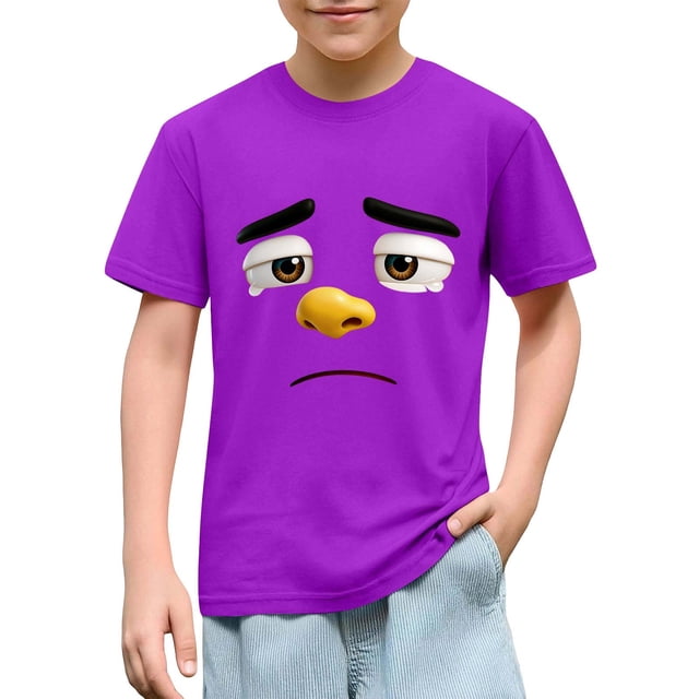 Blusas y camisas de manga corta con cuello redondo para niños y niñas, color liso, con estampado de expresión linda, manga corta, holgadas y cómodas, blusa para niña