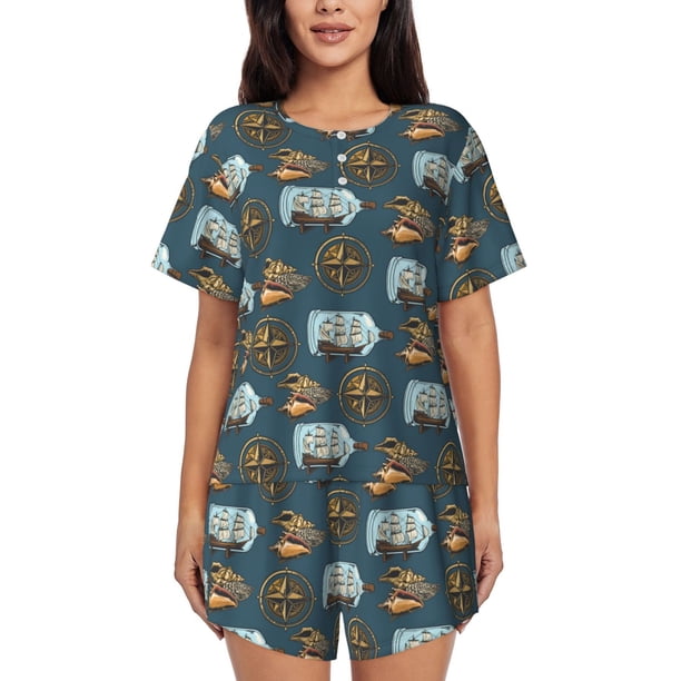 Fotbe Miniature Ship In Bottle Conjunto de Pijama Estampado para Mujer, 2 Piezas, Ropa de Dormir con Camiseta de Manga Corta y Shorts Suaves-XX-Large