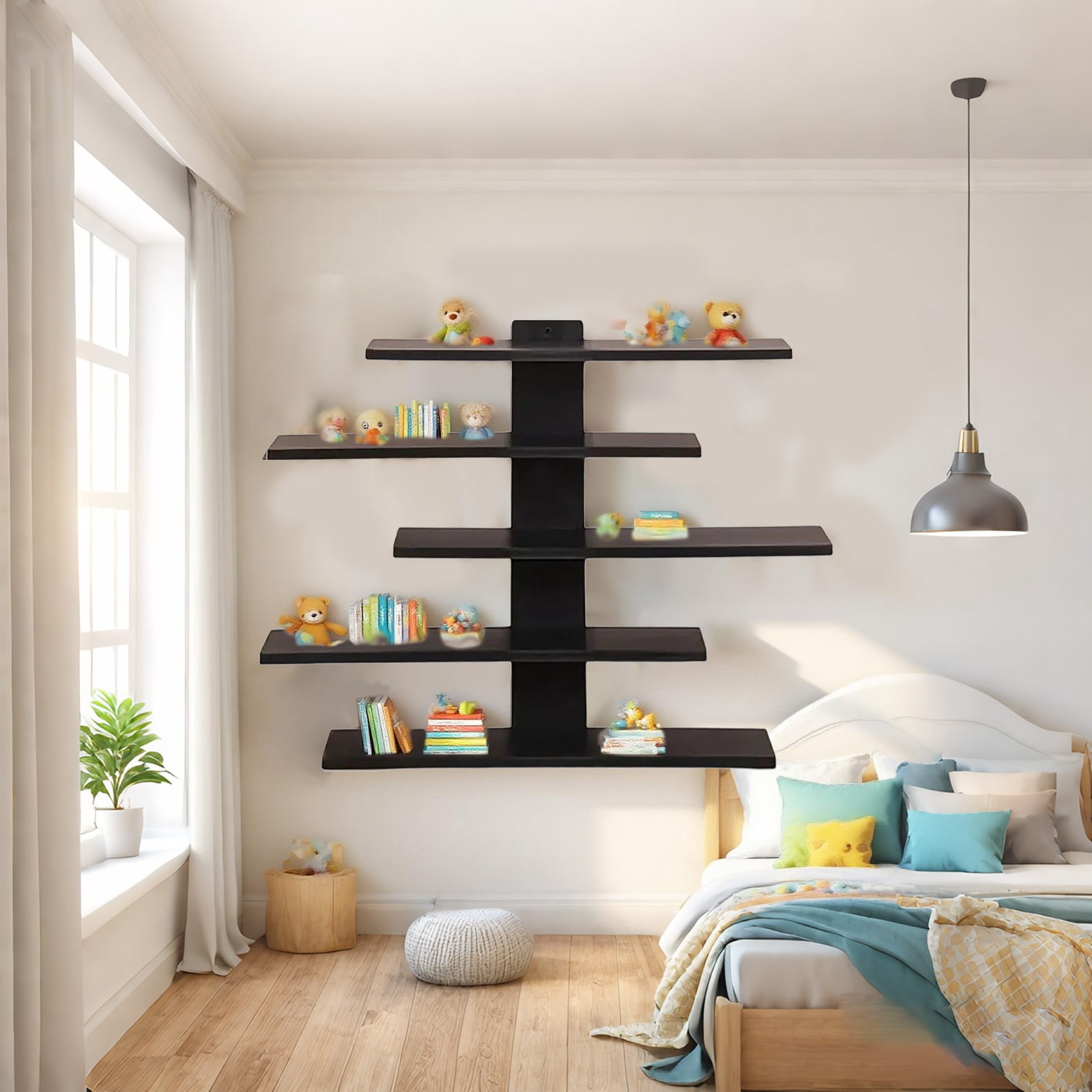 Wall Mounted 3 Tier Geometric Floating Shelf, 1 Count, Black Wood, 14.6 x 14.6 Inch, Decorative Diamond Shape Display Rack, Storage Shelving, for Living Room Picture