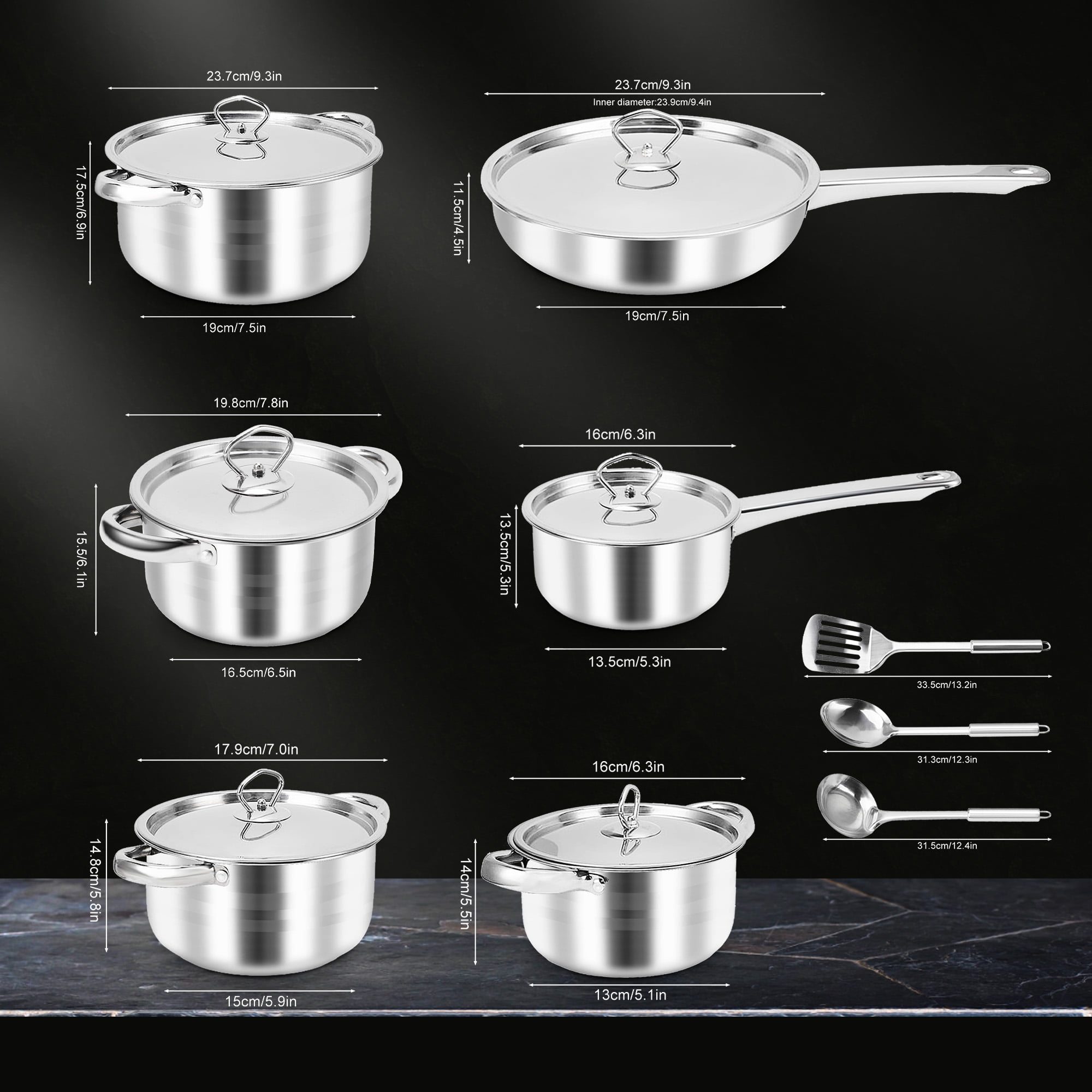 15 Piece Stainless Steel Cookware Set, Pots and Pans Set with Lids Non Toxic, Kitchen Induction Cookware with Utensil Sets For Oven & Dishwasher ,Heavy Premium Kitchen Cooking