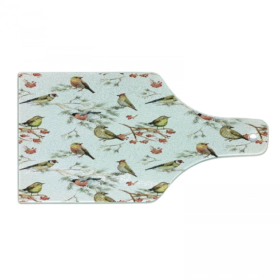 Animal Cutting Board, Sparrows Birds Leaves Branches Pine Trees Watercolor Image Art, Decorative Tempered Glass Cutting and Serving Board, Wine Bottle Shape, Multicolor, by Ambesonne