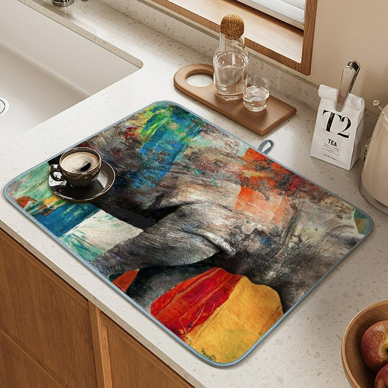 Wellsay Microfiber Dish Drying Mat for Kitchen Modern Oil Painting of Rhino Dishes Mat for Kitchen Counter Dish Drying Pad with High Absorbent Dish