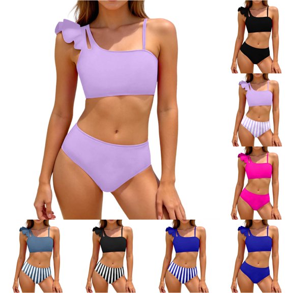 OSOLU Girls Two Piece Bikini Swimsuits Asymmetrical Shoulder Solid Color Ruffle Bathing Suit For Kids Teens 8-16Y Versatile Beachwear