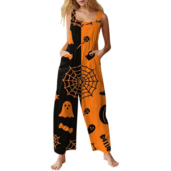 EANJE Halloween Overalls for Women, Sleeveless Spaghetti Strap Jumpsuit with Pockets, Print Wide Leg Baggy Romper, Adjustable Straps Fall Holiday Party Outfit Ginger 5XL