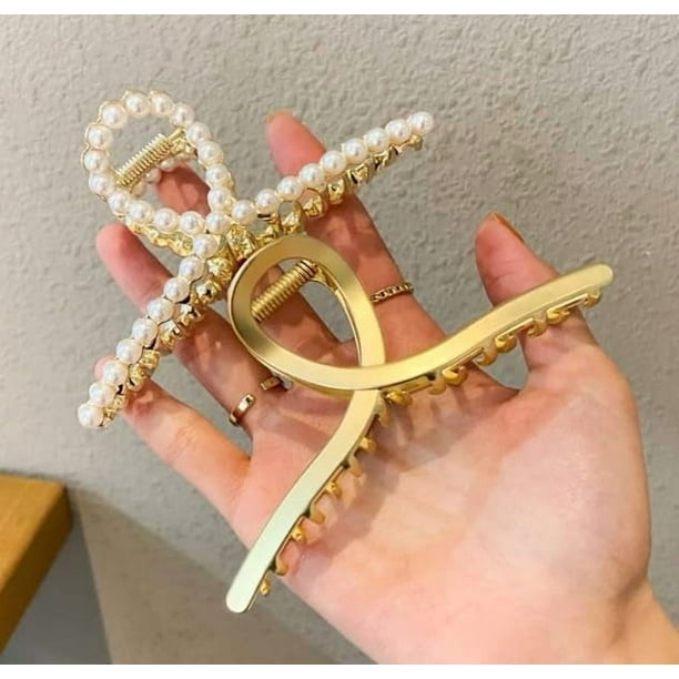 Paquete de 2 pinzas para el cabello de perlas y oro mate para mujer: pinzas grandes de metal con perlas para cabello grueso - Garras de cangrejo antideslizantes y pasadores cruzados fuertes