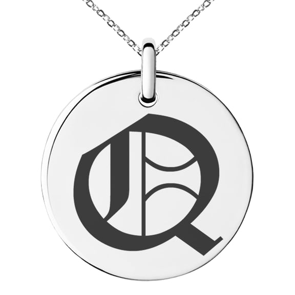 Stainless Steel Letter Q Initial Old English Monogram Engraved Small Medallion Circle Charm Pendant Necklace
