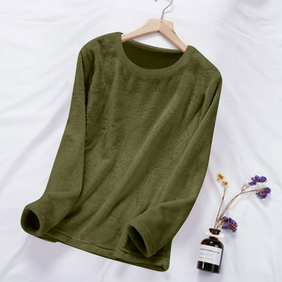 Women's Fuzzy Pajama Tops Long Sleeve Flannel Fleece Winter Warm Thick Sleep Pullover Shirt Sleepwear Green M