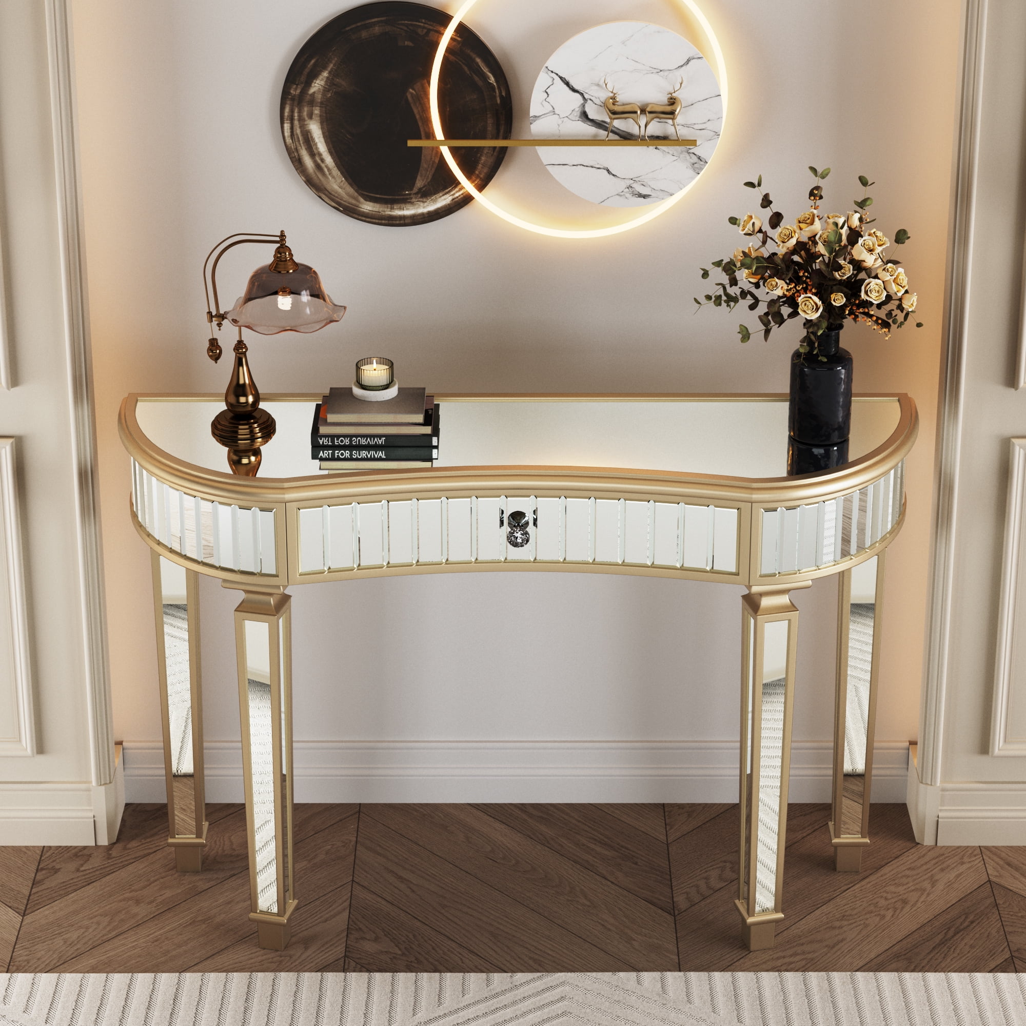 47" Half-Moon Mirrored Console Table with Fluted Glass & Crystal Knob Drawer - Silver Entryway Vanity Desk for Bedroom/Dressing Room(Gold+Sliver)