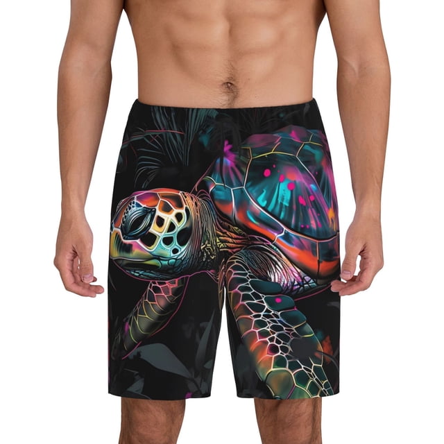 Balery Colorful Plant Turtle A Pantalones cortos de pijama de punto de algodón para hombre con cinturilla y bolsillos-Medium