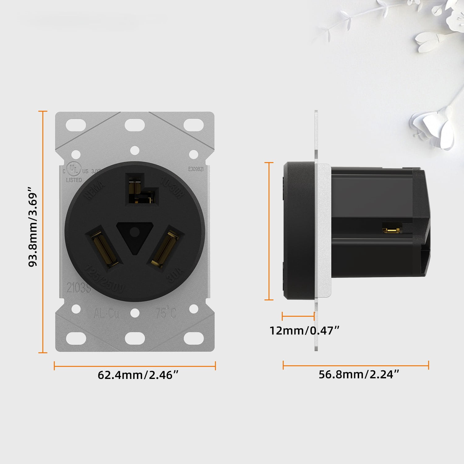 Hyper Tough Flush Mount NEMA 10-30R Dryer Outlet, 30A 125-250V, 3-Wire, Single/2-Gang Box Compatible