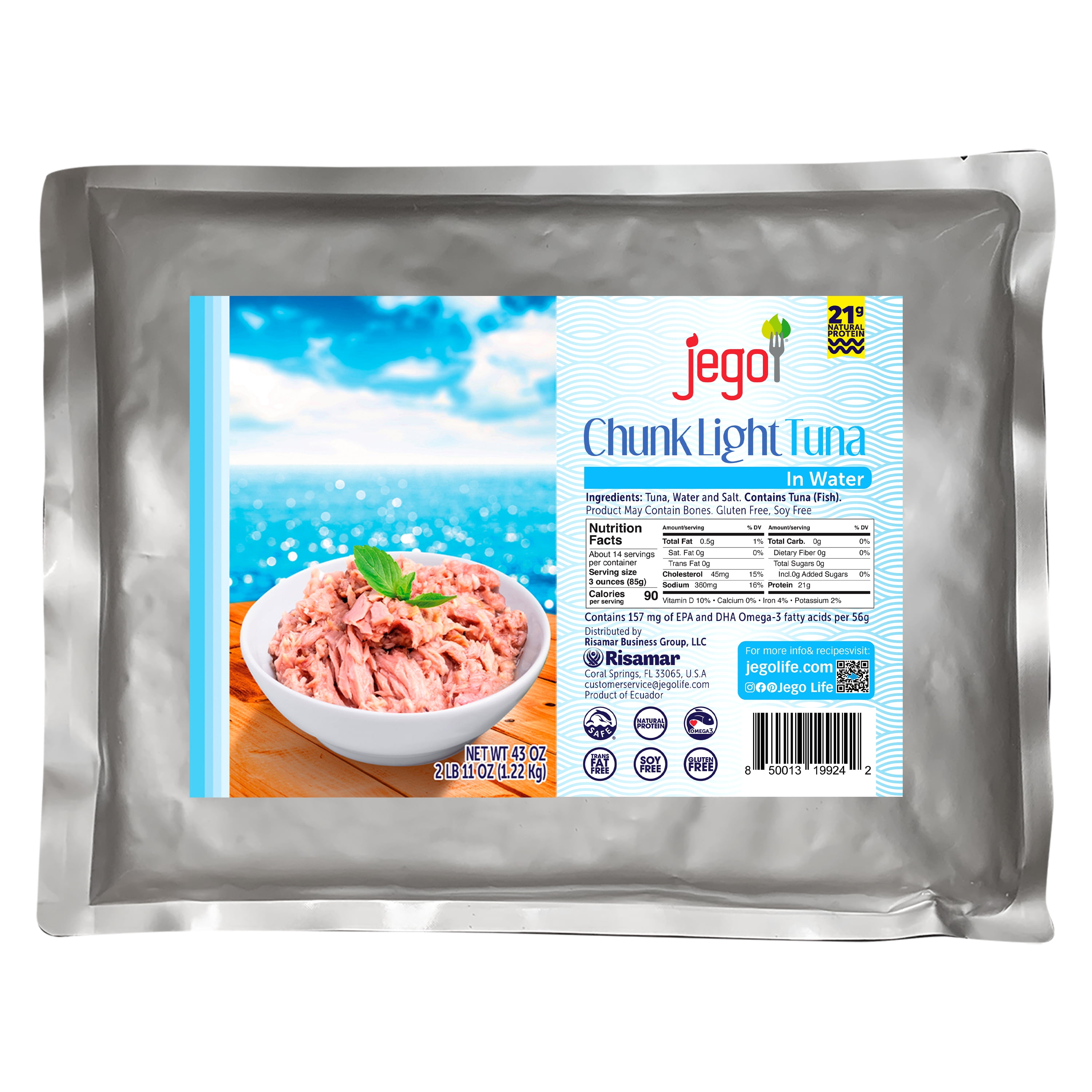 Jego Chunk Light Tuna in Water | Wild Natural Catch Tuna | Keto | Low Carb | Gluten Free | Soy Free | Ready to eat | 43oz Pouch