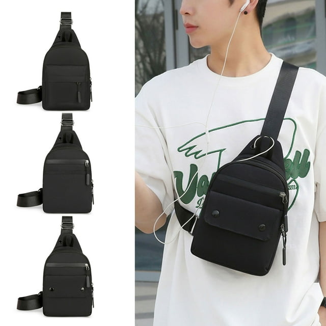 Mochila bandolera con agujero para auriculares - Bolsa tipo bandolera de gran capacidad, nylon impermeable, correa ajustable, 30x18x8cm, negra