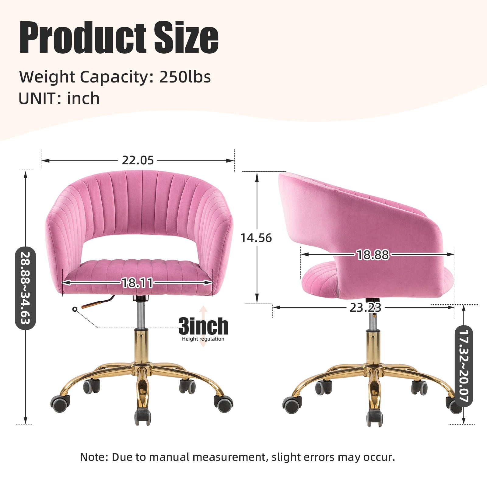 MOONMISS Velvet Upholstered 360°Swivel Adjustable Height Modern Home Office Chair With Golden Legs-Pink