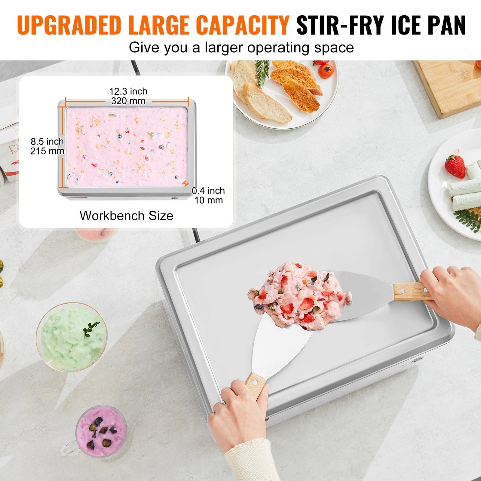 Automatic Rolled Ice Cream Maker with Compressor, 19.3" x 14.9" Stainless Steel Stir-Fry Pan, 2 Scrapers for Ice Cream Rolls and Frozen Desserts