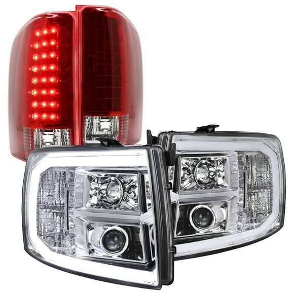 Spec-D Tuning LED Light Bar Chrome Housing Clear Lens Projector Headlights   Red LED Tail Lights Compatible with Chevrolet Silverado Left   Right Pair Headlamps Assembly