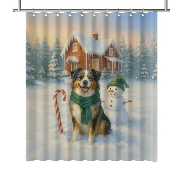 Hello Winter Vintage Australian Shepherd Enjoys Snowy Day with Snowman Shower Curtain Aussie Dog Lover Gifts Waterproof Bathroom Bathtub Curtain - 12019