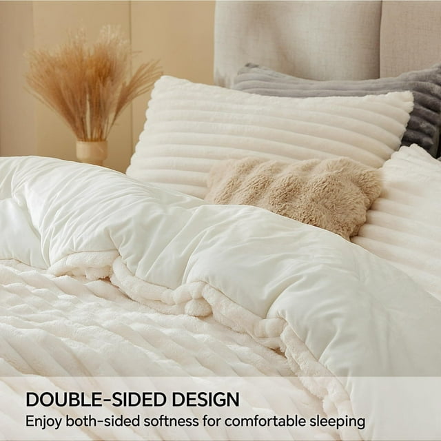 Fleece Queen Comforter Set Super Soft & Warm Fluffy Bedding, Luxury Fuzzy Heavy Bed Set for Winter with Pillow Cases