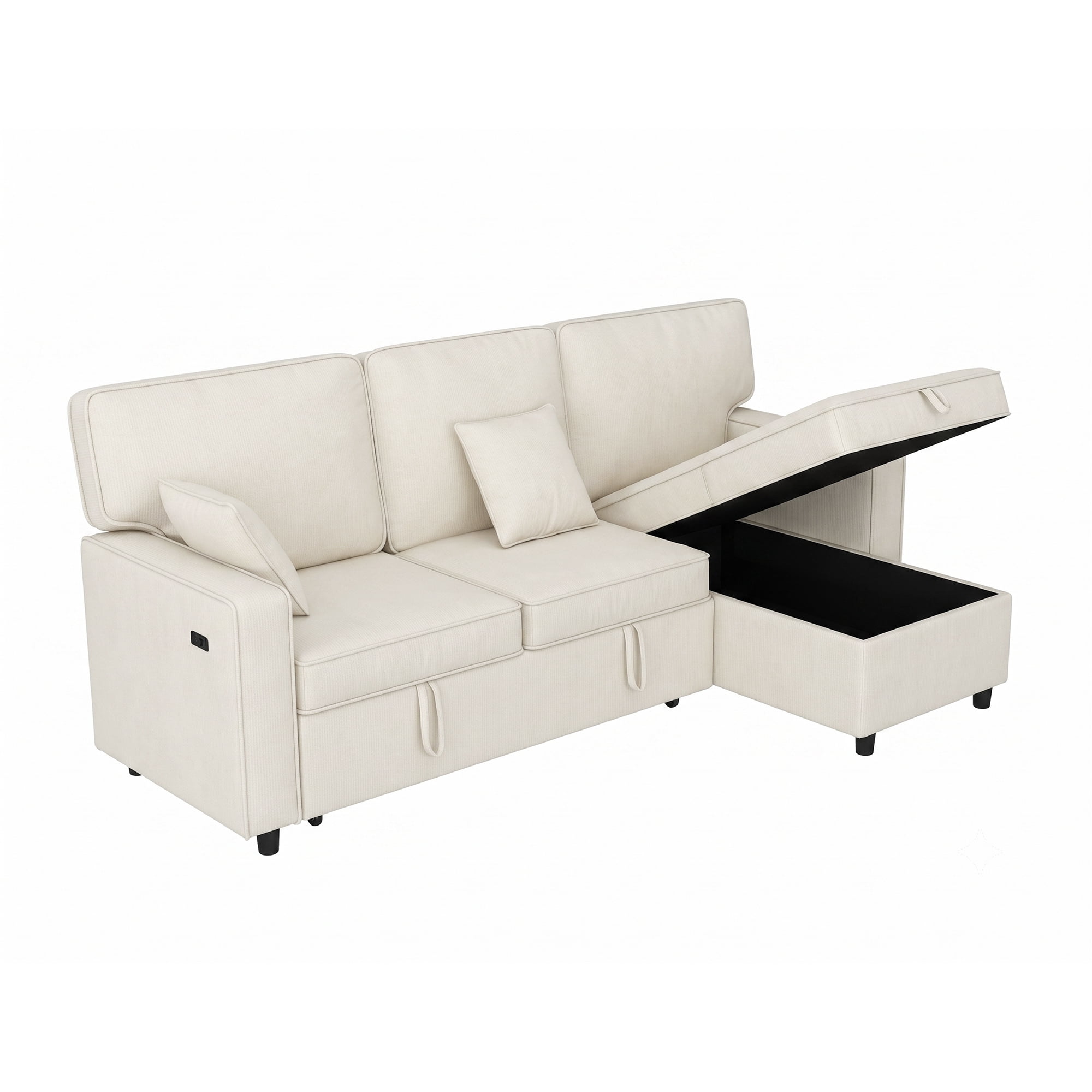 Sectional Sleeper Sofa,L Shaped Chenille Convertible Sofa Bed 89" 3 Seater with Flip-Down Center Console & USB Charging Ports,Pull Out Couch for Living Room Apartment Office,Beige