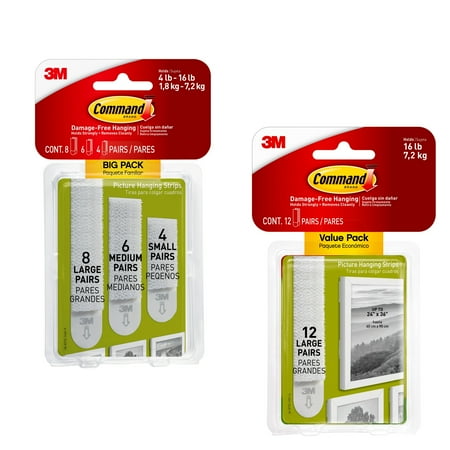 

Command Picture Hanging Strips Variety Pack White 18 Pairs and Command White Large Picture Hanging Strips 12 Pairs