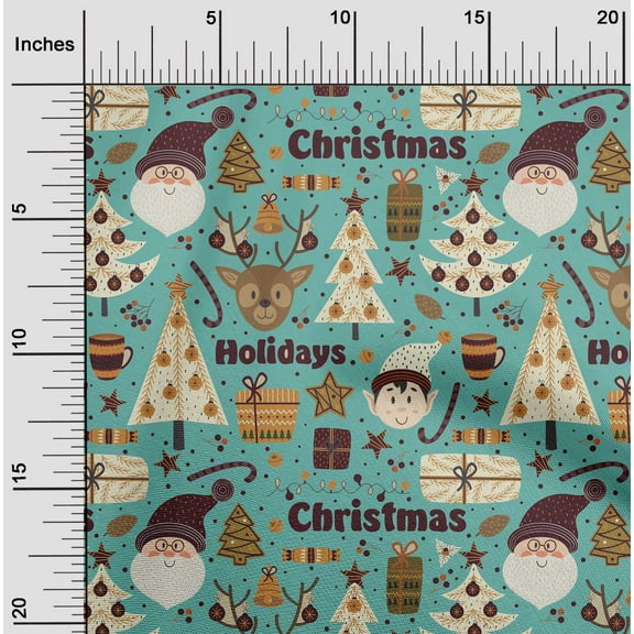 oneOone Cotton Jersey Dusty Teal Green Fabric Santa|Gift Box & Tree Christmas Sewing Material Print Fabric By The Yard 58 Inch Wide
