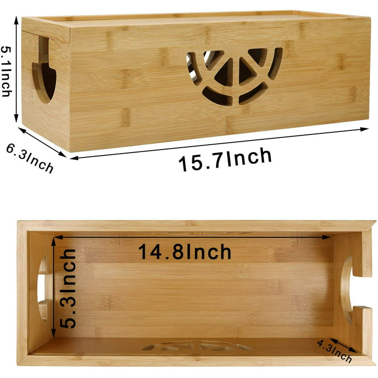 Bamboo Cable Management Box with Lid, Cable Box for Cords, Power Strips or Surge Protectors, Hide Loose Wires Behind TVs, Home, Computers, Office