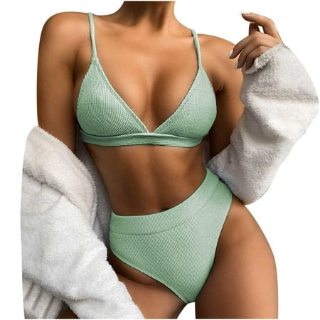 

Finelylove Swimsuit Women Two Piece Padded Sport Bra Style Bikini Green S