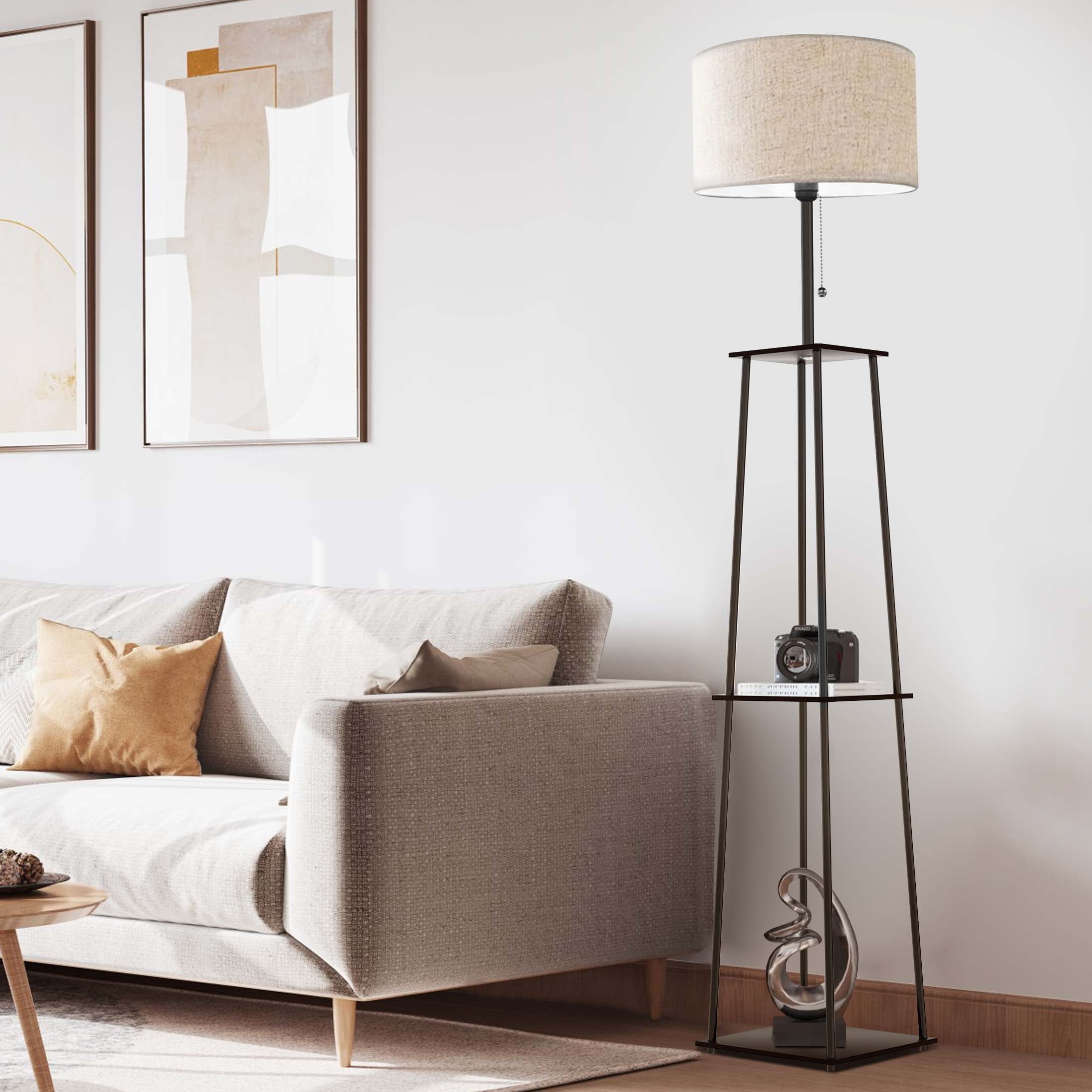 65" Floor Lamp with Shelves, Modern Square Standing Lamp with 3 Color Temperature Bulb – Corner Display Bookshelf Lamp for Living Room and Bedroom