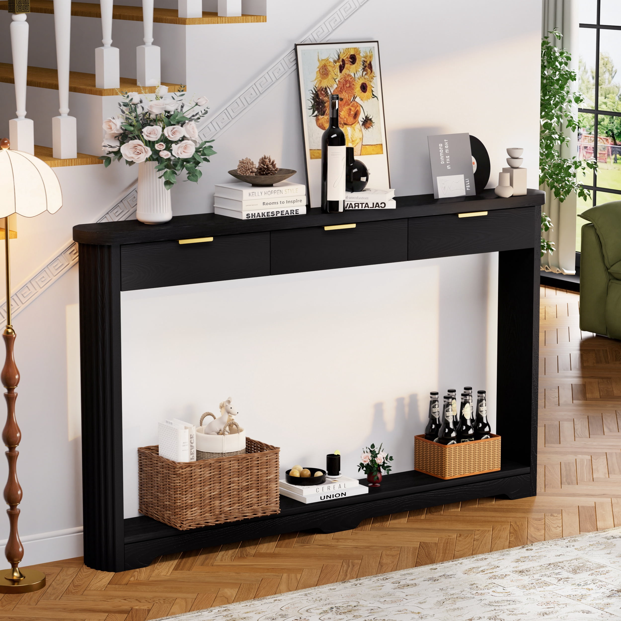 70.1" Wavy-Patterned Storage Table with Drawers; a slim wooden side table that can be placed behind a sofa, ideal for entryways, hallways, and doorways.Black.70.1"L*8.7"W*35.5"H