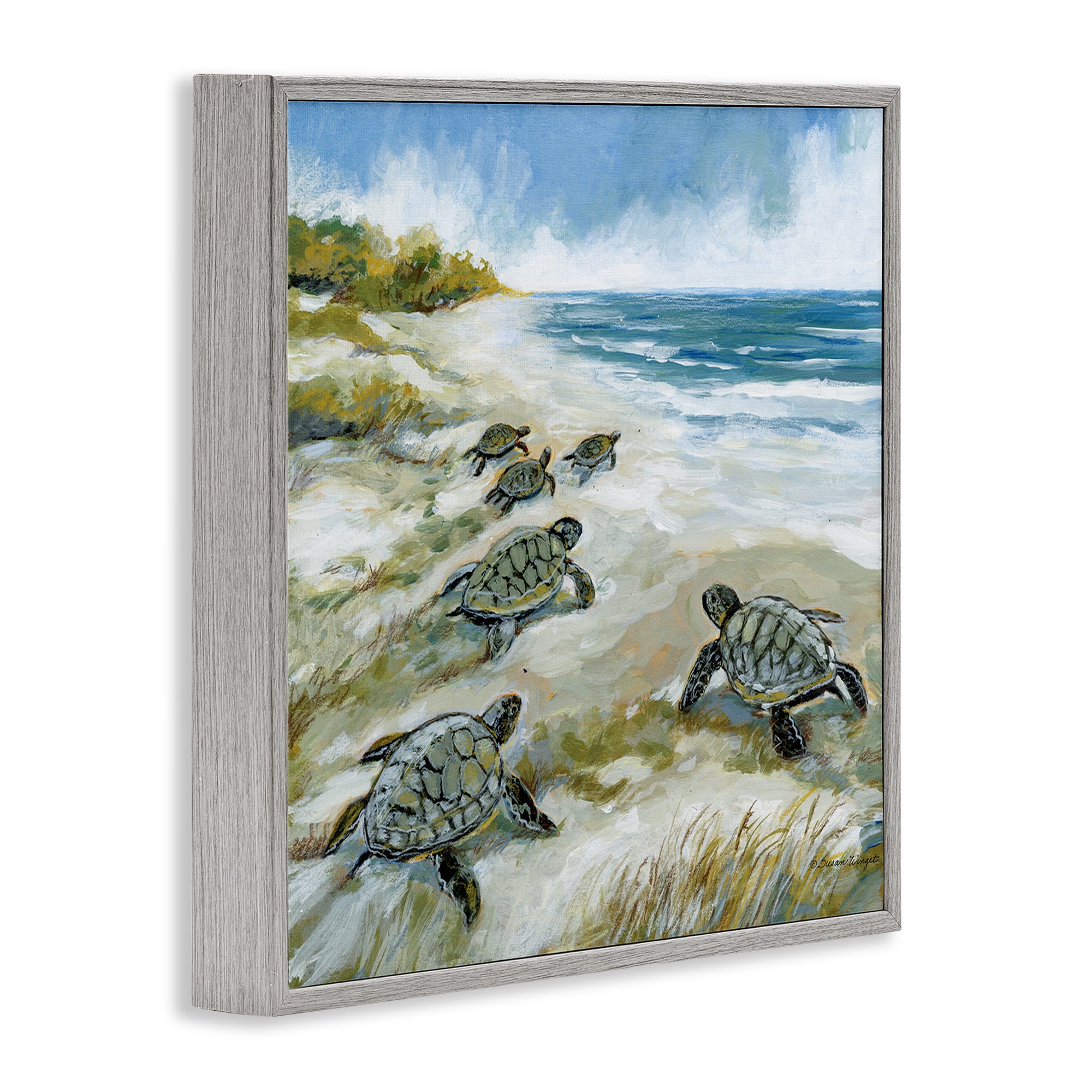 Stupell Industries Baby Sea Turtles on Beach Gray Framed Giclee Art, design by Susan Winget